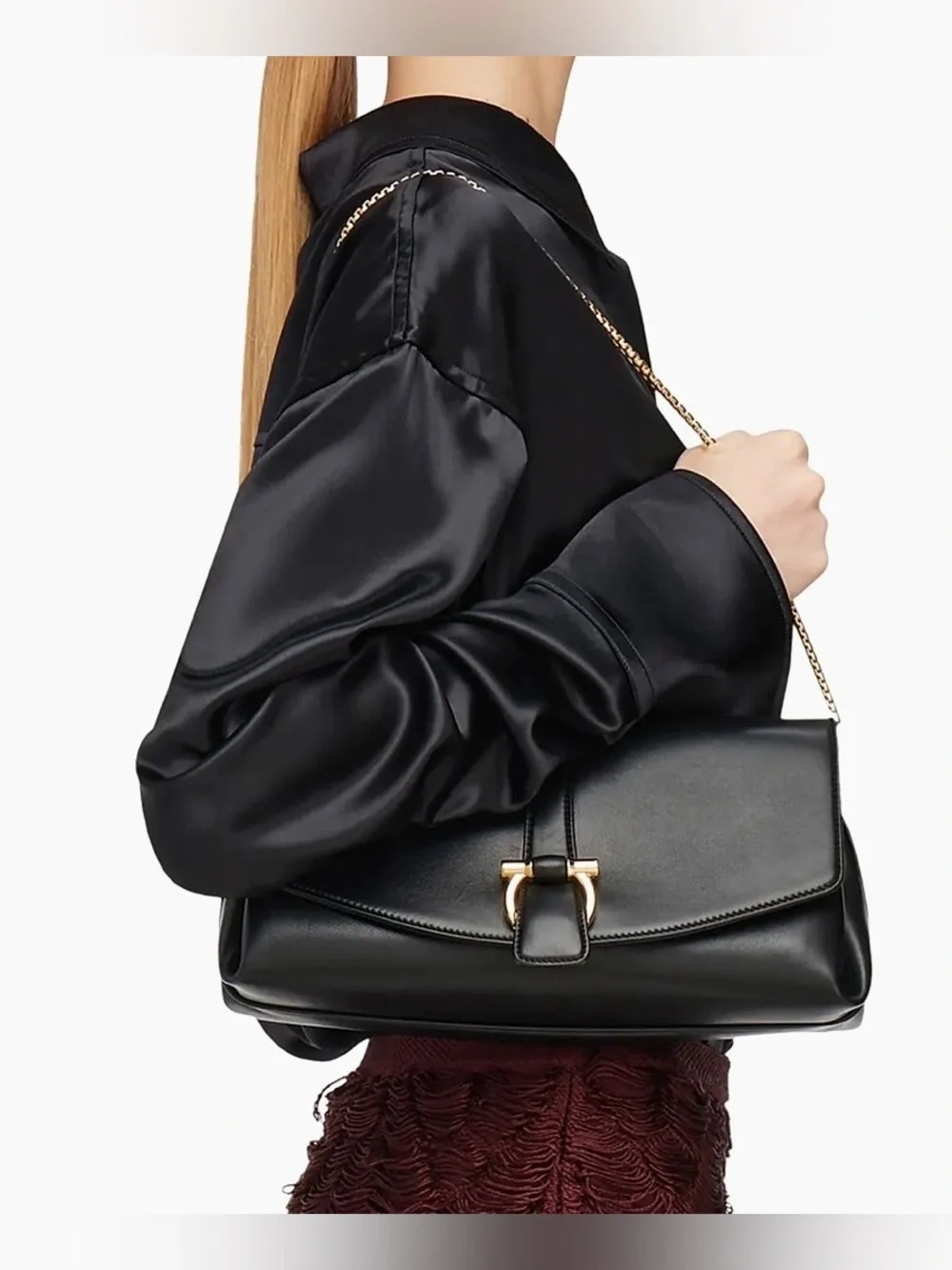 Ferragamo New Line Medium Black Leather Shoulder Bag W 2 Straps & Gold Accents